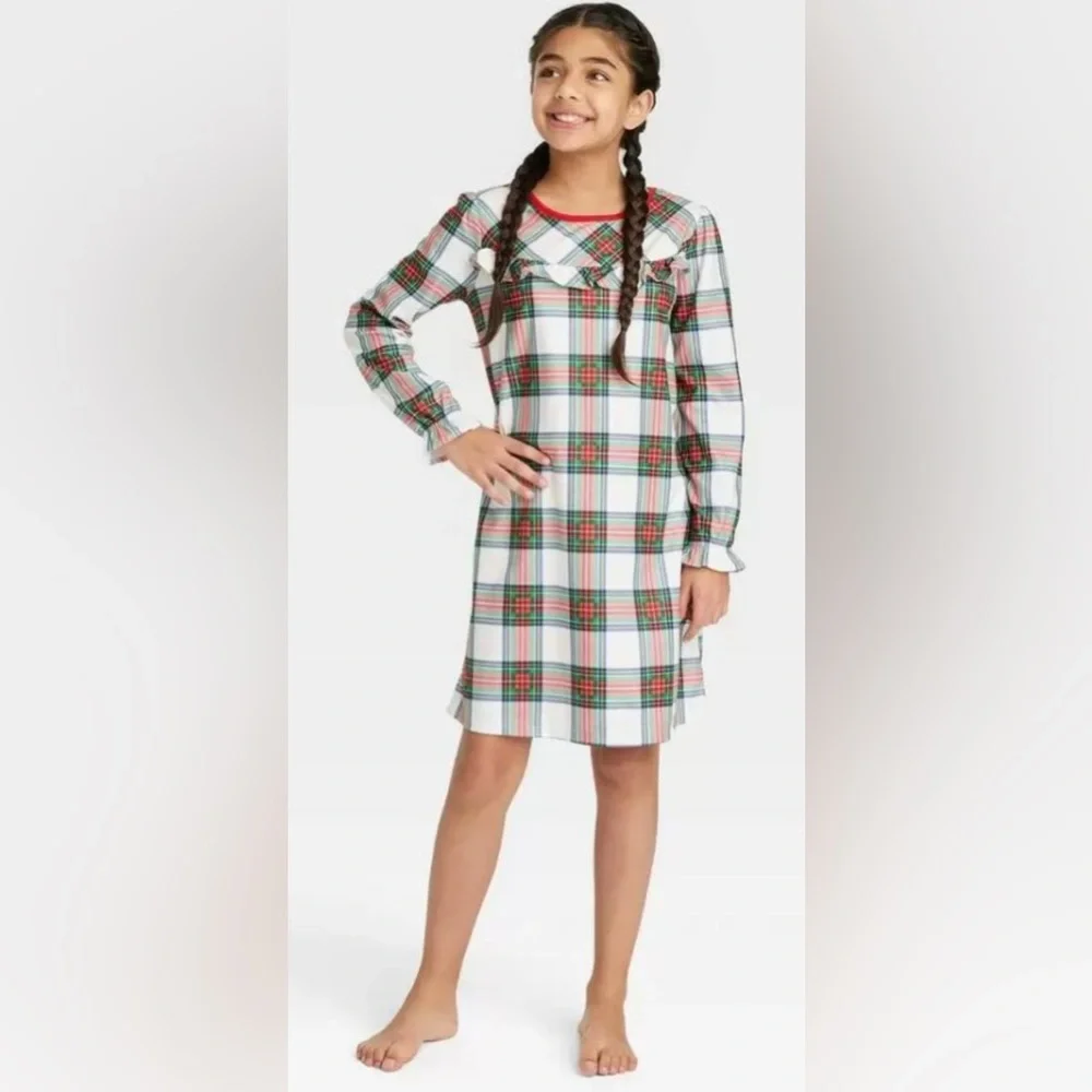 WONDERSHOP Girls Christmas Nightgown Lot Set Pajama Tartan Plaid Dress‎ NEW 8 10